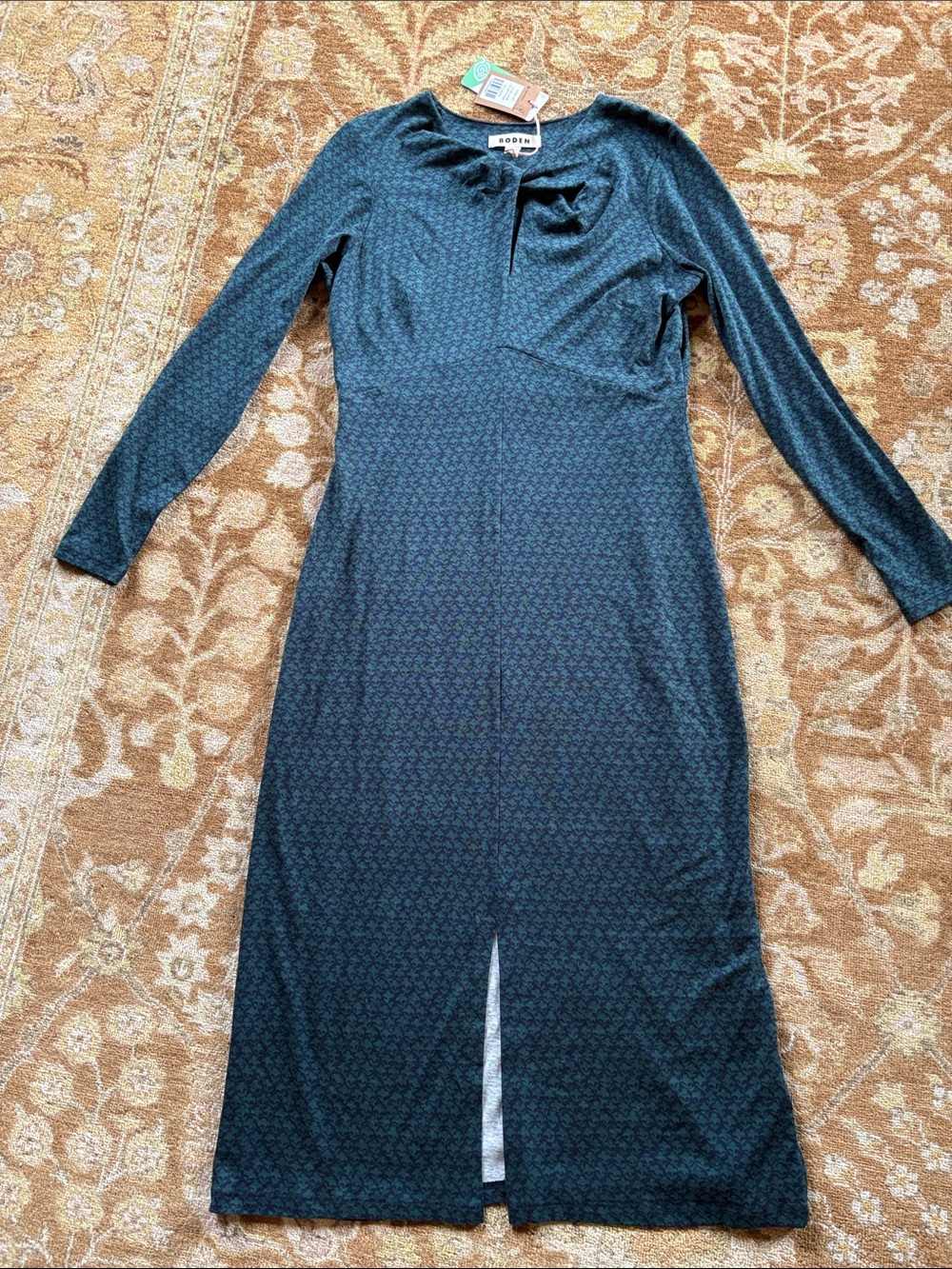 Boden Teal and Navy Patterned Long Sleeve Midi Dress with Front Slit